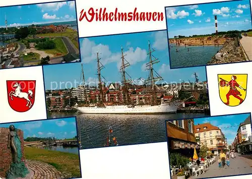 AK / Ansichtskarte Wilhelmshaven Hafen Statue Leuchtturm Panoramen Wilhelmshaven