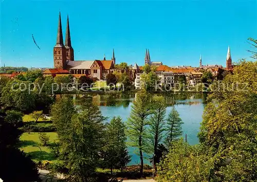 AK / Ansichtskarte Luebeck Muehlenteich mit Dom und Tuermen der Stadt Luebeck