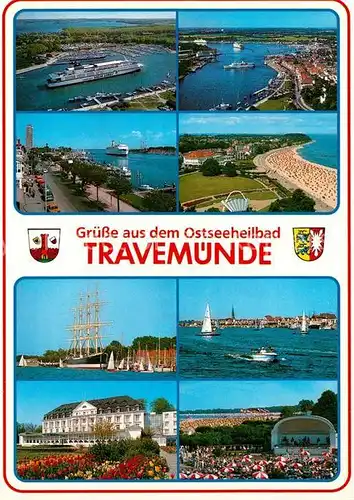 AK / Ansichtskarte Travemuende_Ostseebad Hafen Faehre Strand Fliegeraufnahme Segelschulschiff Casino Konzertpavillon Travemuende_Ostseebad