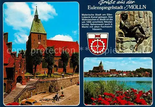 AK / Ansichtskarte Moelln_Lauenburg Nikolaikirche Blick ueber den Fluss Eulenspiegelstadt Statue Moelln_Lauenburg