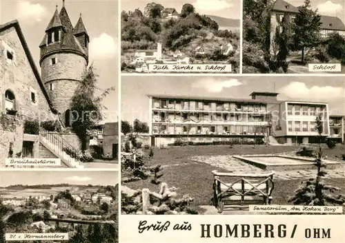 AK / Ansichtskarte Homberg_Ohm Brauhausturm Kirche Schloss Panorama Blick vom Hermannsberg Sanatorium Am Hohen Berg Homberg Ohm