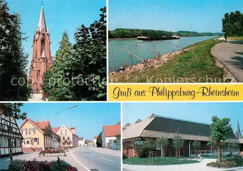 AK / Ansichtskarte Rheinsheim Kirche Hauptstrasse Sporthalle Rheinidylle Binnenschifffahrt Rheinsheim