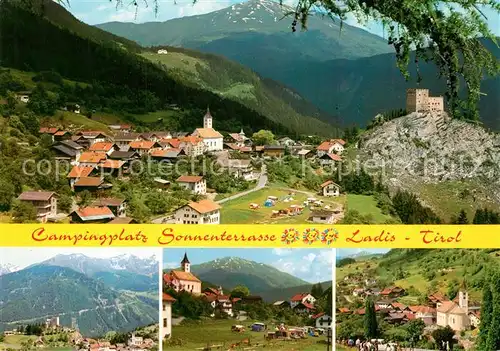 AK / Ansichtskarte Ladis Campingplatz Sonnenterrasse Burgruine Gesamtansicht mit Alpenpanorama Ladis