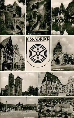 AK / Ansichtskarte Osnabrueck Vitischanze Bergmannsbrunnen Pernickelturm Krahnstrasse Johanniskirche Dom Rathaus und Stadtwaage Hauptbahnhof Osnabrueck