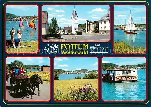 AK / Ansichtskarte Pottum Ortsmotiv mit Kirche Wiesensee Wassersport Ponywagen Pottum