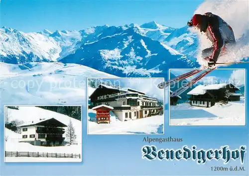 AK / Ansichtskarte Neukirchen_Grossvenediger Alpengasthof Venedigerhof Gaestehaus Biobauernhof Wintersportplatz Skifahrer Alpenpanorama Neukirchen Grossvenediger