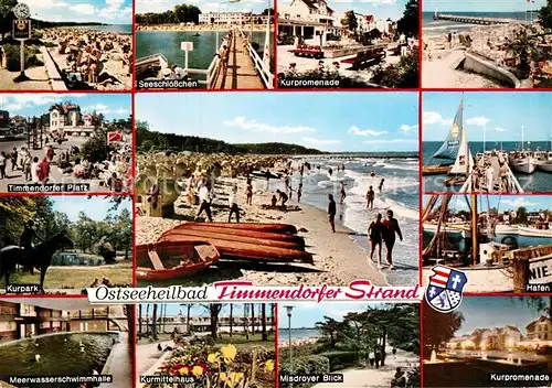 AK / Ansichtskarte Timmendorfer_Strand Seeschloesschen Kurpromenade Platz Kurpark Hallenbad Kurmittelhaus Misdroyer Blick Hafen Fischkutter Strand Timmendorfer_Strand