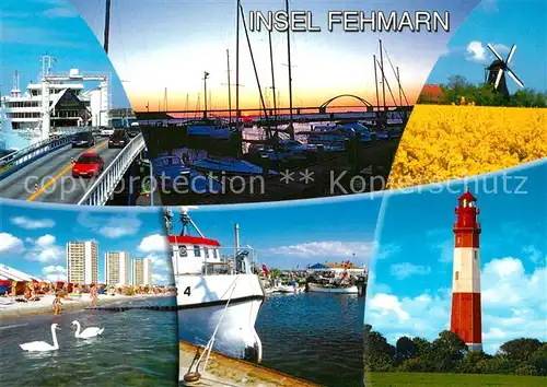 AK / Ansichtskarte Insel_Fehmarn Bruecke Hafen Windmuehle Strand Leuchtturm Insel Fehmarn