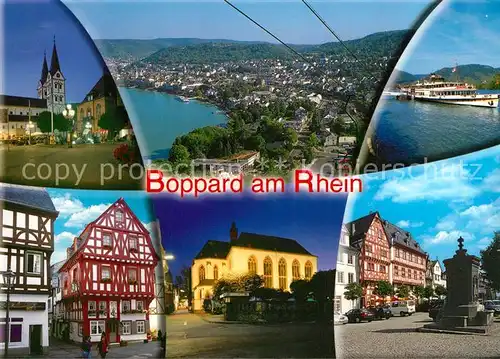 AK / Ansichtskarte Boppard_Rhein Kirche Fliegeraufnahme Rheinschiff Fachwerkhaeuser Brunnen Boppard Rhein