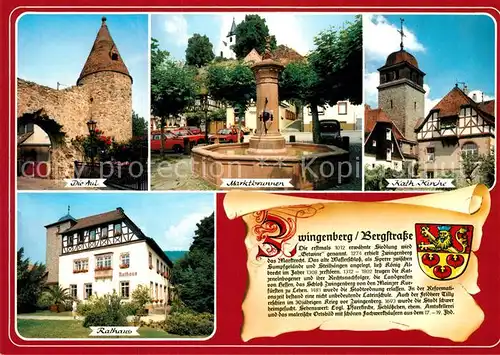 AK / Ansichtskarte Zwingenberg_Bergstrasse Die Aul Marktbrunnen Kath Kirche Rathaus Zwingenberg_Bergstrasse