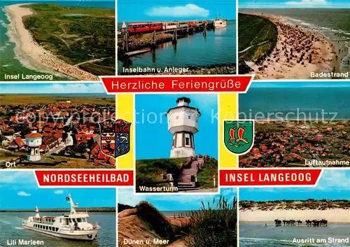 AK / Ansichtskarte Langeoog_Nordseebad Nordseeinsel Fliegeraufnahme Inselbahn Anleger Wasserturm Duenen Ausritt am Strand Fahrgastschiff Lili Marleen Langeoog_Nordseebad