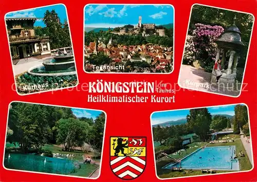 AK / Ansichtskarte Koenigstein_Taunus Kurhaus Kurpark Schwanenteich Freibad Teilansicht mit Burg Koenigstein_Taunus