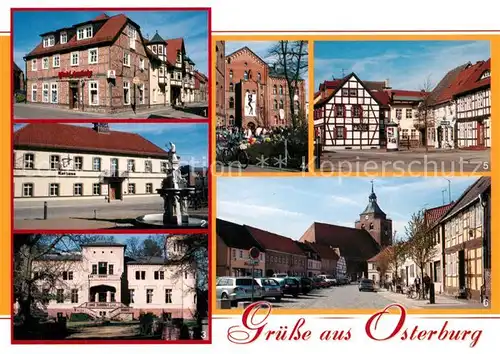 AK / Ansichtskarte Osterburg_Altmark Nikolai Apotheke Rathaus Schloss Krumke Markgraf Albrecht Gymnasium Markt Osterburg_Altmark