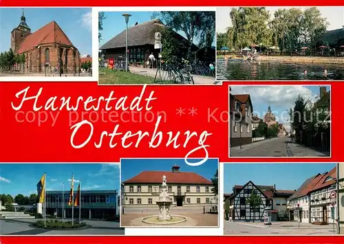 AK / Ansichtskarte Osterburg_Altmark Nikolaikirce Biesebad Poststrasse Landessportschule Rathaus Markt Osterburg_Altmark