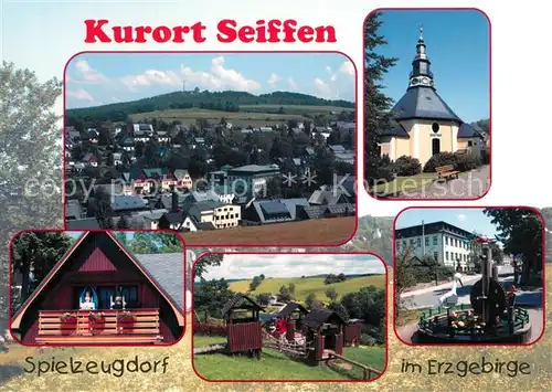 AK / Ansichtskarte Seiffen_Erzgebirge Panorama Dorfkirche Schwartenberg Engel Bergmann Spielzeugbrunnen Seiffen Erzgebirge