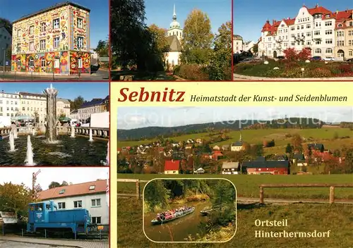 AK / Ansichtskarte Sebnitz Buntes Haus Peter Pauls Kirche Marktbrunnen Schillerplatz Denkmallok V10 B Tillig Modellbahnen Hinterhermsdorf Panorama  Sebnitz