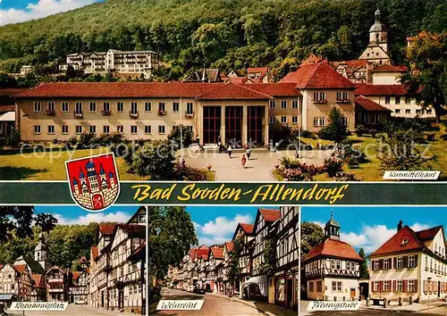 AK / Ansichtskarte Bad_Sooden Allendorf Kurmittelhaus Rhenanusplatz Weinreihe Pfennigstube Altstadt Fachwerkhaeuser Historische Gebaeude Wappen Bad_Sooden Allendorf