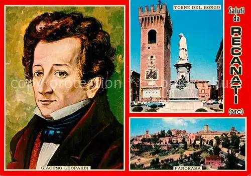 AK / Ansichtskarte Recanati Panorama Torre del Borgo Monumento Giacomo Leopardi Portrait Recanati