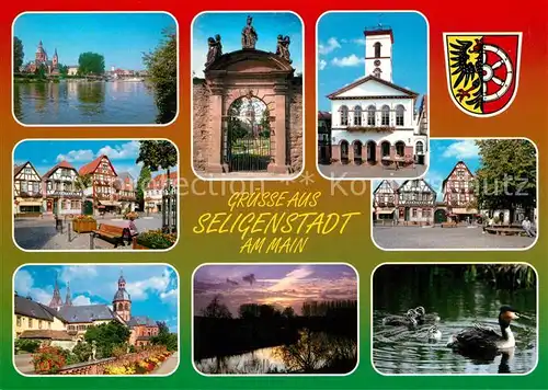 AK / Ansichtskarte Seligenstadt_Hessen Rathaus Benediktiner Abtei Fachwerkhaeuser Abendstimmung Seligenstadt_Hessen