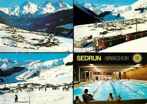 AK / Ansichtskarte Sedrun Panorama Eisenbahn Skilift Hallenbad Sedrun