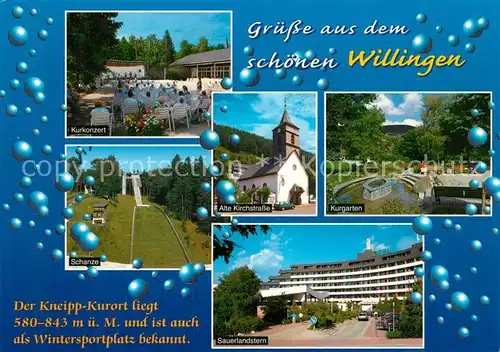AK / Ansichtskarte Willingen_Sauerland Kurkonzert Schanze Alte Kirchstrasse Kurgarten Sauerlandstern Willingen_Sauerland