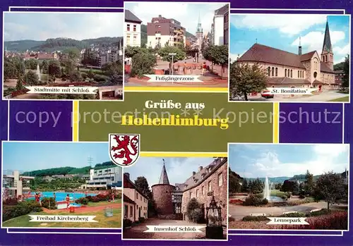 AK / Ansichtskarte Hohenlimburg Stadtmitte Schloss Fussgaengerzone Kirche Lennepark Freibad Kirchenberg Hohenlimburg
