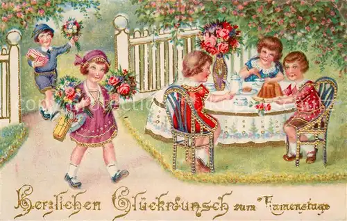 AK / Ansichtskarte Namenstag_Namenskarte Kinder Blumen Kuchen Kaffeekraenzchen Litho Namenstag_Namenskarte