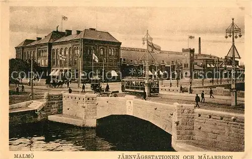 AK / Ansichtskarte Strassenbahn Malmoe Jaernvaegsstationen och Maelarbron  Strassenbahn