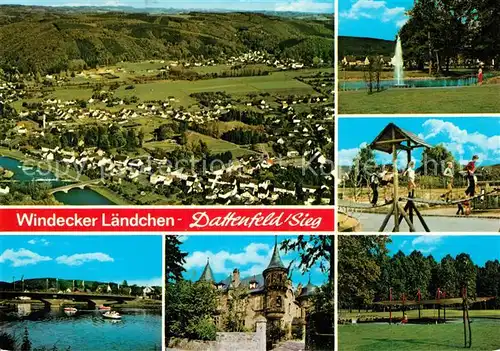 AK / Ansichtskarte Dattenfeld Fliegeraufnahme Panorama Spielplatz Wasserfontaene Bruecke Burg Dattenfeld