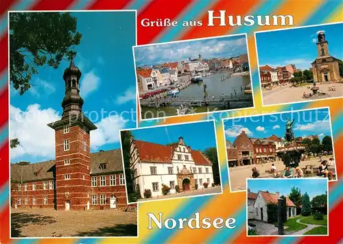 AK / Ansichtskarte Husum_Butjadingen Schloss Amtsgerichtsgebaeude Miarienkirche Hafen Marktplatz Husum Butjadingen