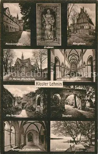 AK / Ansichtskarte Lehnin Kloster Lehnin Moenchswohnhaus Grabmal Koenigshaus St Marien Klosterkirche Inneres Alte Torkapelle Tetzeltor Paradies Klostersee Lehnin