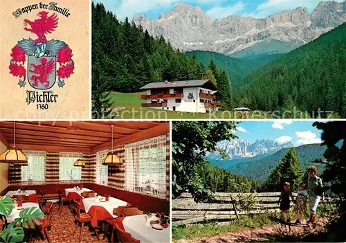 AK / Ansichtskarte Welschnofen_Suedtirol Ratzoehler Hof Gaestehaus Pension Restaurant Familienwappen Wandern Landschaftspanorama Dolomiten Welschnofen Suedtirol