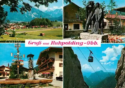 AK / Ansichtskarte Ruhpolding mit Sonntagshorn Holzknechtdenkmal Dorfplatz Seilbahn Rauschberg Ruhpolding