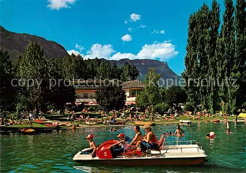 AK / Ansichtskarte Kalterer_See_Suedtirol Restaurant Pension Seegarten Tretboot Liegewiese Kalterer_See_Suedtirol