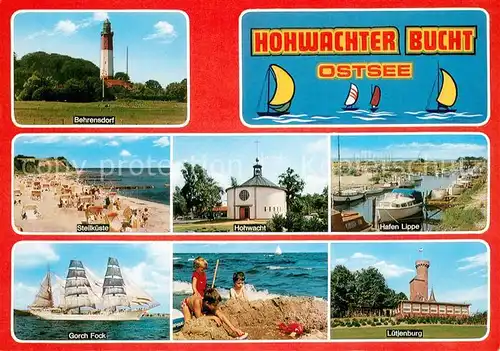 AK / Ansichtskarte Behrensdorf_Ostsee Leuchtturm Steilkueste Gorch Fock Segelschiff Luetjenburg Hafen Lippe Hochwacht Behrensdorf_Ostsee