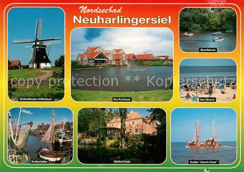 AK / Ansichtskarte Neuharlingersiel Windmuehle Kutterhafen Kurhaus Cafe Bootfahren Strand Kutter Gorch Fock Neuharlingersiel