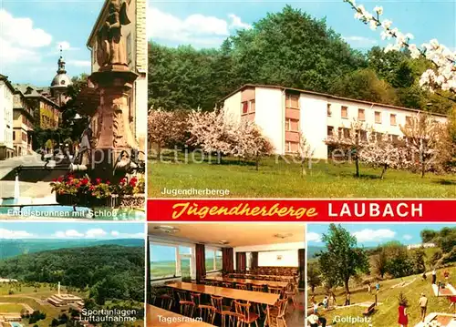 AK / Ansichtskarte Laubach_Hessen Jugendherberge Engelsbrunnen Schloss Luftbild Sportanlagen Golfplatz Laubach Hessen