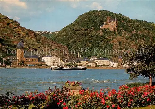 AK / Ansichtskarte St_Goarshausen Blick ueber den Rhein zur Burg Katz Binnenschifffahrt St_Goarshausen