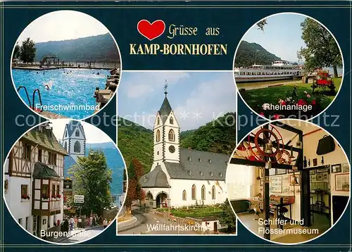 AK / Ansichtskarte Kamp Bornhofen Freibad Burgenstrasse Wallfahrtskirche Museum Rheinanlage Faehre Kamp Bornhofen