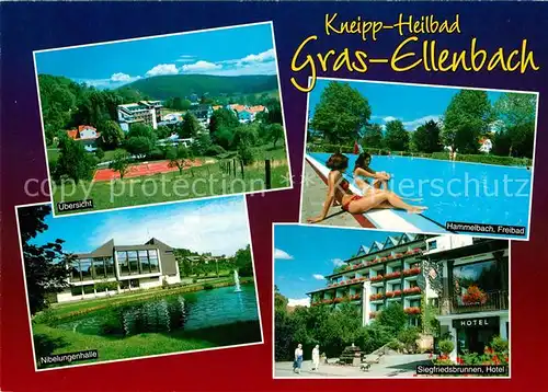 AK / Ansichtskarte Gras Ellenbach uebersicht Hammelbach Freibad Nibelungenhalle Siegfriedsbrunnen Hotel Gras Ellenbach