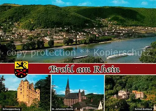 AK / Ansichtskarte Brohl Luetzing Panorama Blick ueber den Rhein Schweppenburg St Johannis Kirche Schloss Brohleck Brohl Luetzing