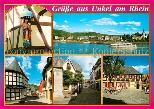 AK / Ansichtskarte Unkel_Rhein Rheinpanorama Fahrgastschiff Gassen Fachwerkhaeuser Marktplatz Heiligenfigur Unkel Rhein