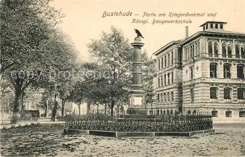 AK / Ansichtskarte Buxtehude Partie am Kriegerdenkmal und Koenigliche Baugewerkschule Buxtehude