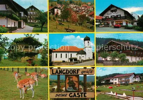 AK / Ansichtskarte Langdorf_Spiegelau Kirche Pension Arlinger Wegweiser Damwildgehege Langdorf_Spiegelau