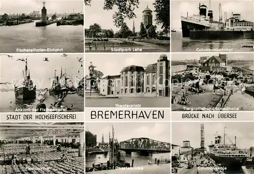 AK / Ansichtskarte Bremerhaven Fischereihafen Einfahrt Stadtpark Lehe Columbusbahnhof Theater Bremerhaven