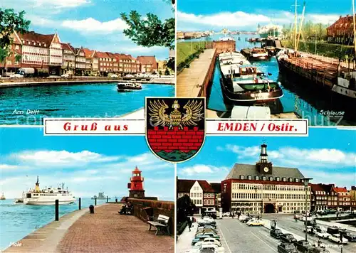 AK / Ansichtskarte Emden_Ostfriesland Schleuse Leuchtturm Rathaus Emden_Ostfriesland