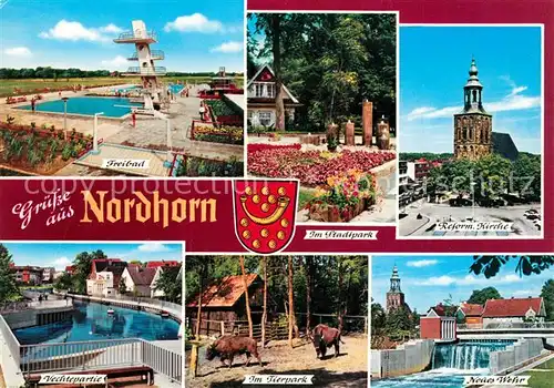 AK / Ansichtskarte Nordhorn Freibad Kirche Stadtpark Neues Wehr Nordhorn