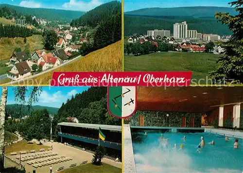 AK / Ansichtskarte Altenau_Harz Panorama Hochhaeuser Park Hallenbad Altenau Harz