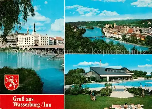 AK / Ansichtskarte Wasserburg_Inn Innbruecke Stadtpanorama Freibad Wasserburg Inn