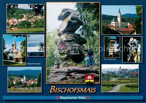 AK / Ansichtskarte Bischofsmais Panorama Kirche St Hermann Teufelstisch Felsen Aussichtsturm Geisskopf Mountainbike Bischofsmais